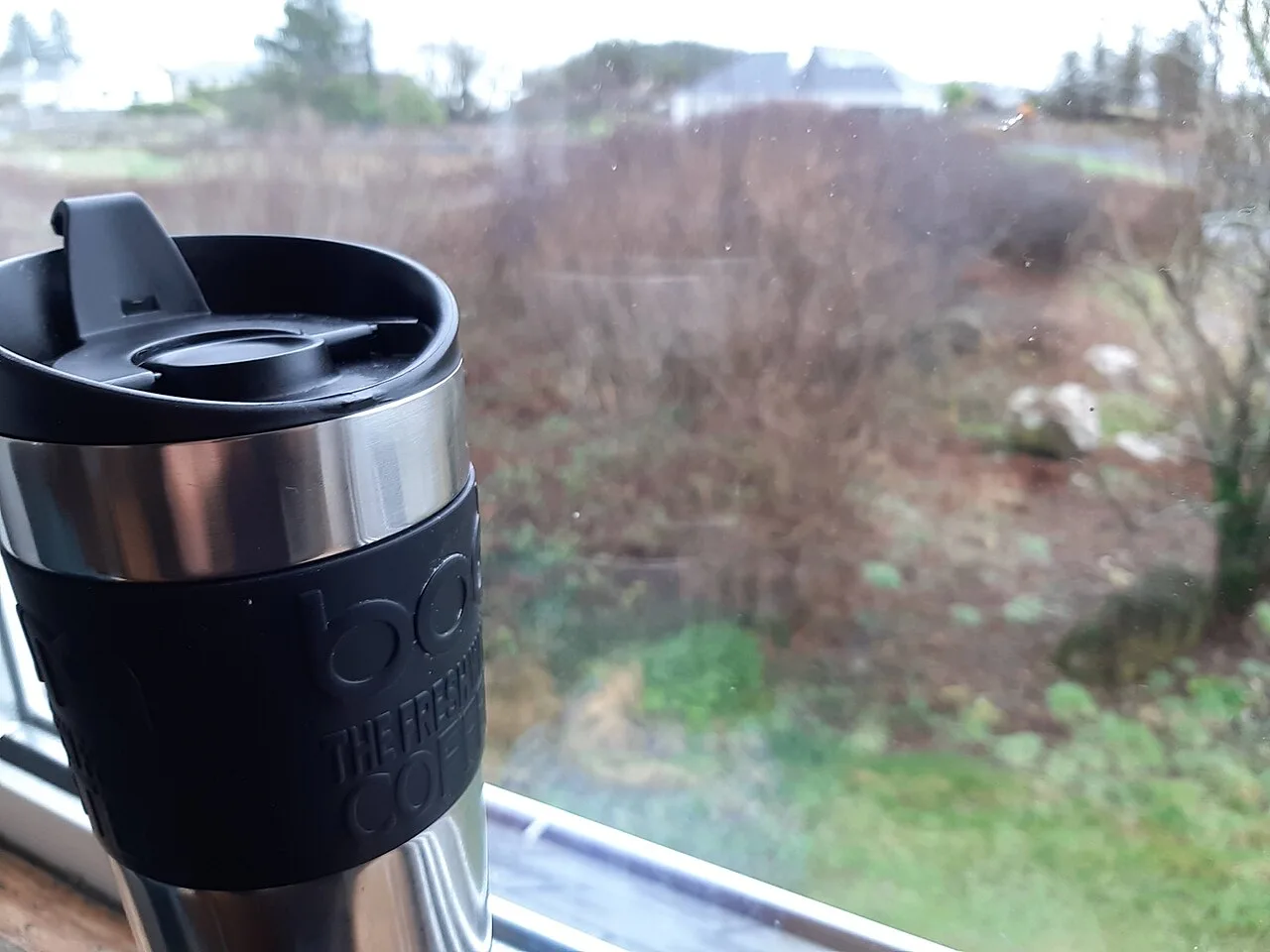 A travel mug beside a window overlooking a garden
