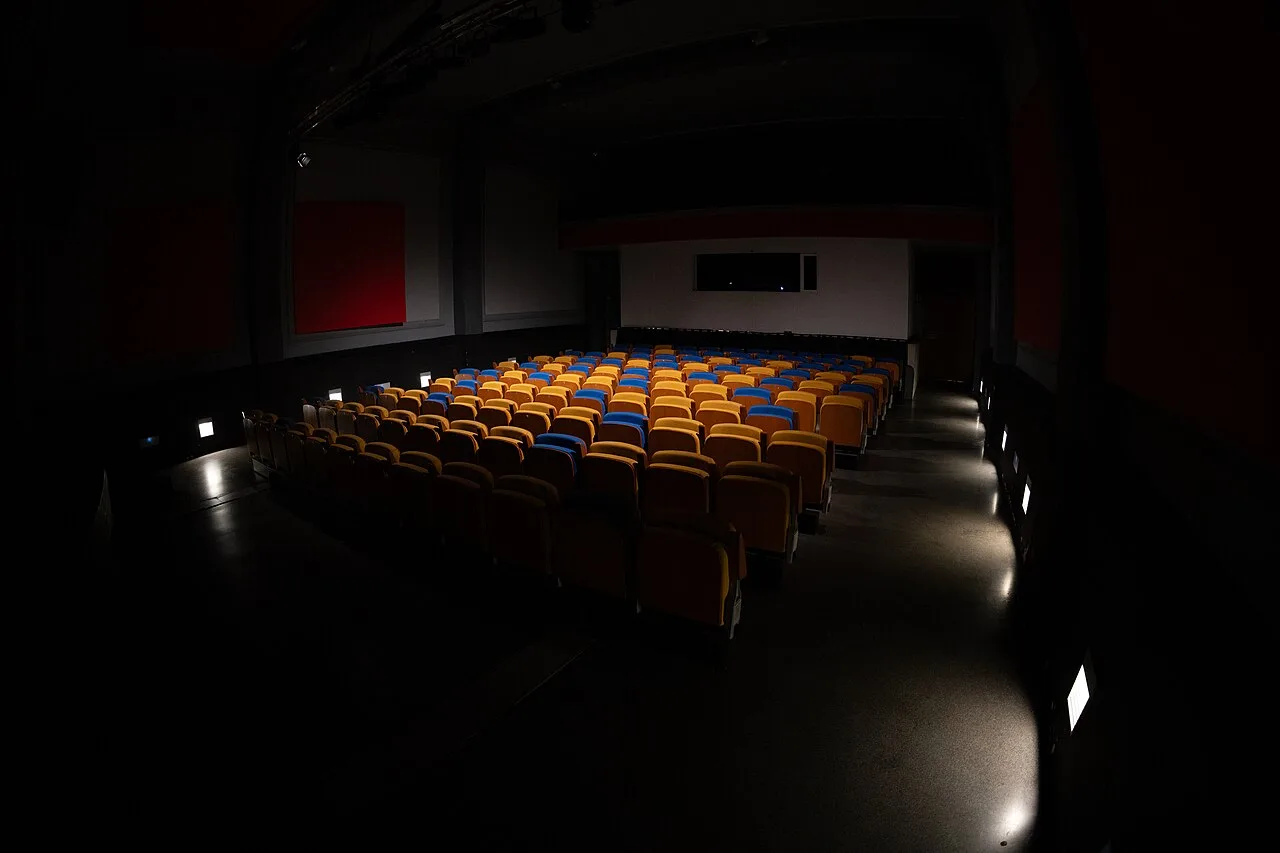 Rows of empty seats viewed from the stage of a theatre