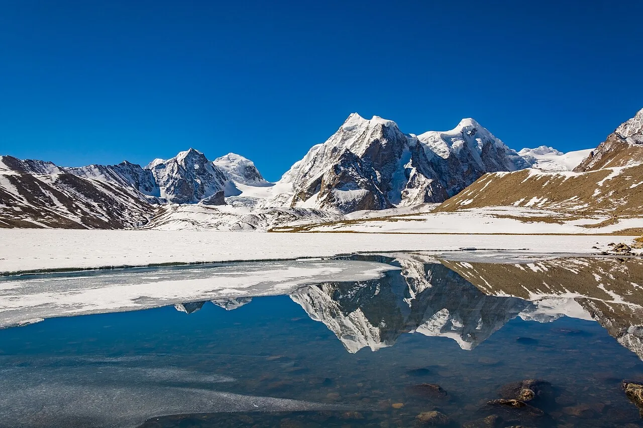 Snow-covered mountains reflected in a high-altitude lake