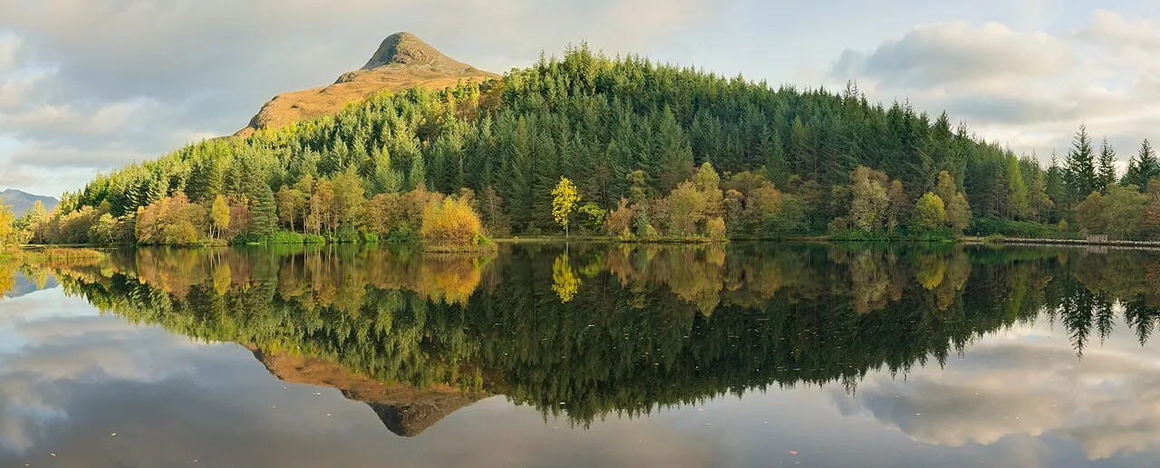 Autumn trees reflected in the still water of a lake