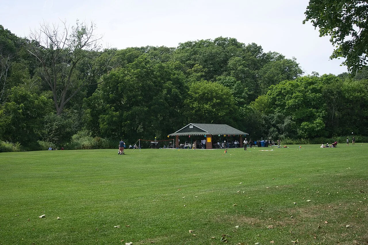 A wide grassy picnic area surrounded by trees