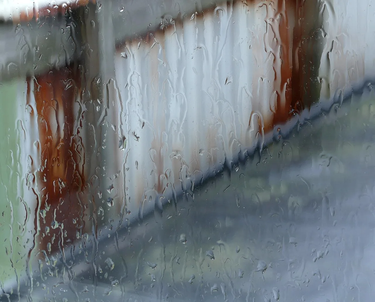 Rainwater on a window softening the view outside