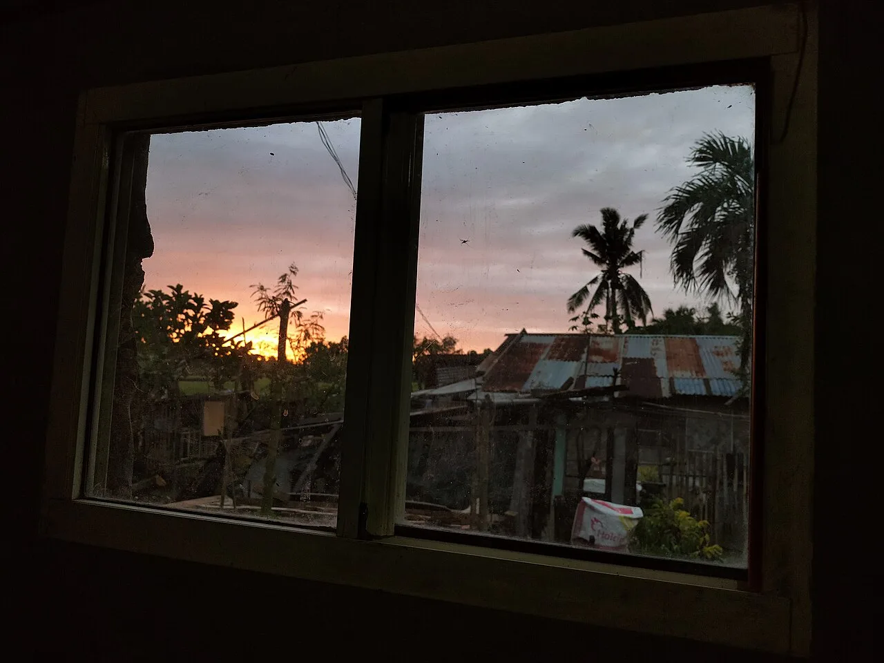 A window framing trees and a sunset