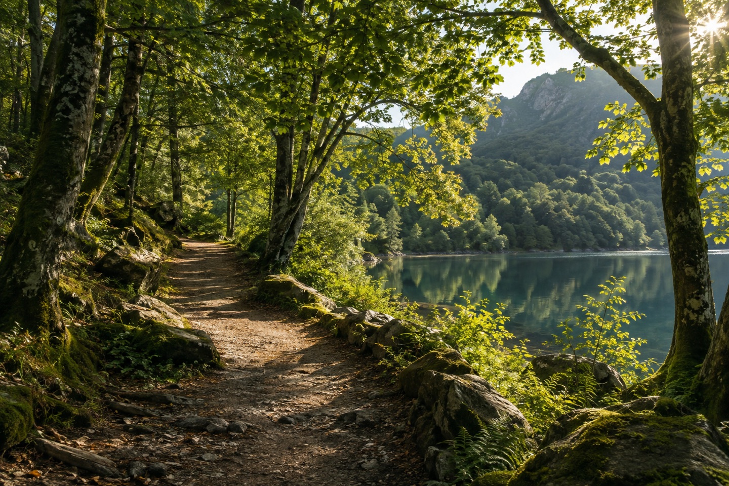 A sunlit woodland path winding beside a still lake